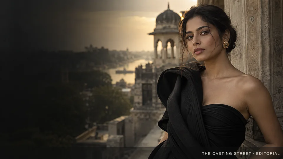 Illustrative editorial portrait of a woman in black against warm stone architecture
